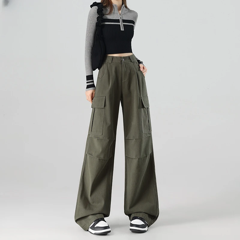 军绿色加绒工装裤女冬美式休闲高腰宽松显瘦直筒阔腿裤运动设计感