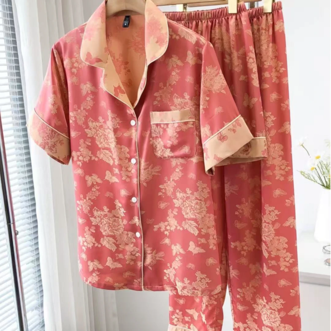 琦欣之梦短袖三件套带胸垫胭脂粉睡衣家居服~