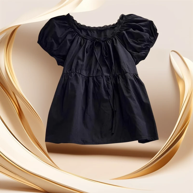 黑色减龄泡泡袖女士法式上衣系带蕾丝领小个子衬衫夏款流行百搭款