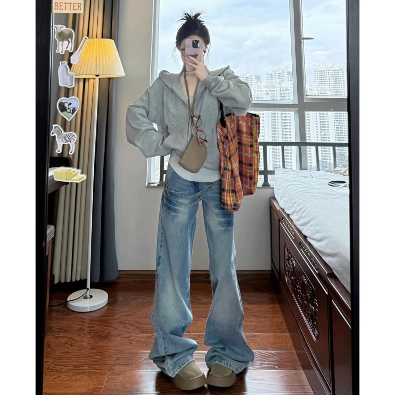 大码低腰喇叭牛仔裤女秋季2025新款复古宽松小众不贴腿直筒微喇裤