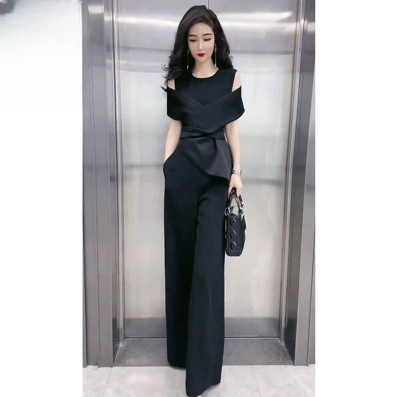 画枕眠夏季新款气质名媛夏装连体衣连体裤女修身显瘦高腰阔腿套装