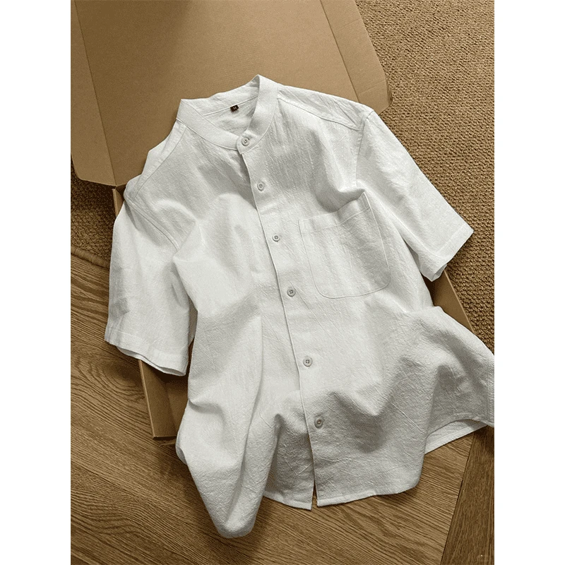 新中式棉麻纹理感短袖衬衫男女款夏季小立领开衫衬衣vintage外套