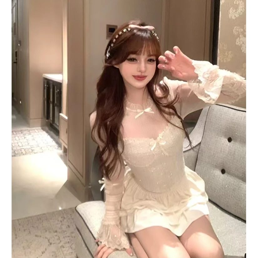 【小美】大码法式春季温蕾丝内搭小香假两件上衣短裙两件套装10854