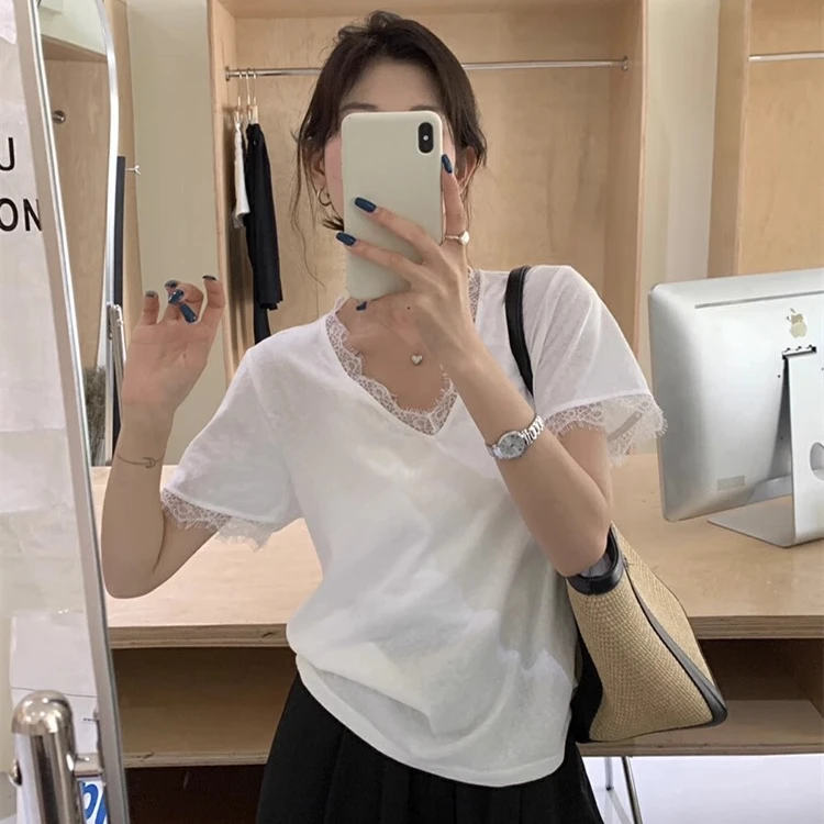 法式气质蕾丝花边v领正肩短袖t恤女夏季新款设计感小个子修身上衣
