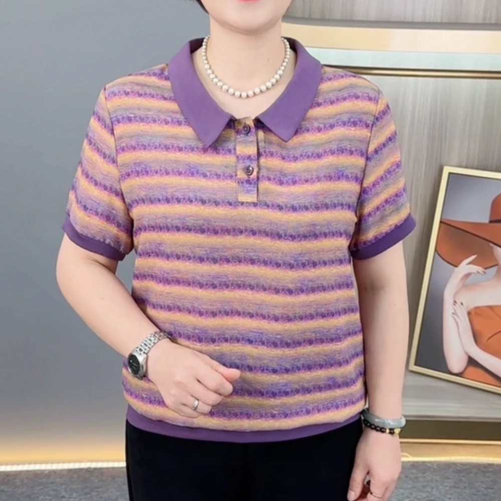 夏季新款时尚娃娃领条纹印花气质妈妈装宽松减龄百搭短袖上衣H581