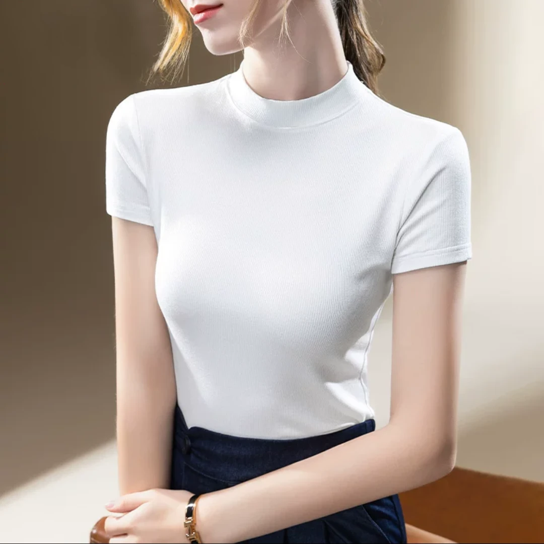 【贝芳妮】白色短袖t恤女新爆款夏季基础款正肩棉立领打底宽松上衣