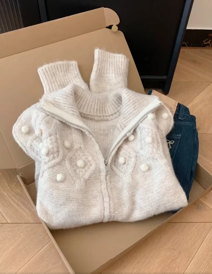 韩版百搭慵懒立体球球保暖毛衣开衫小香风气质女秋冬宽松外穿潮