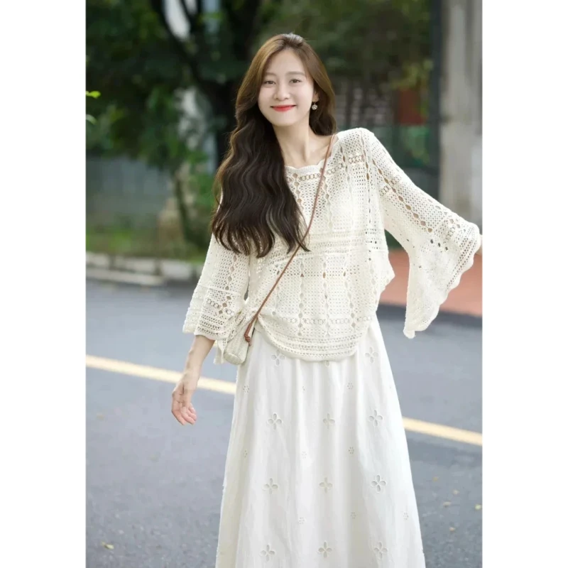 2025早秋法式慵懒提花镂空针织罩衫高腰半身裙两件套小众女小个子