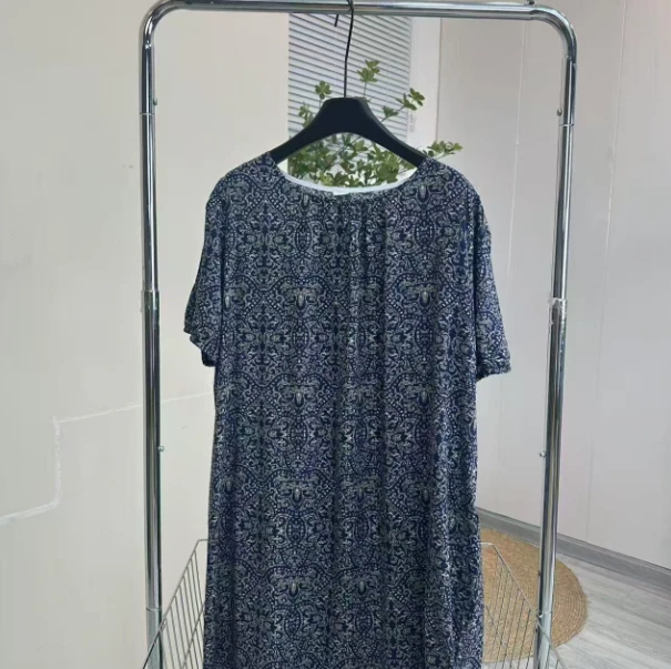 （现）青色碎花夏季绵绸人造棉宽松度假风外穿舒适中长款连衣裙