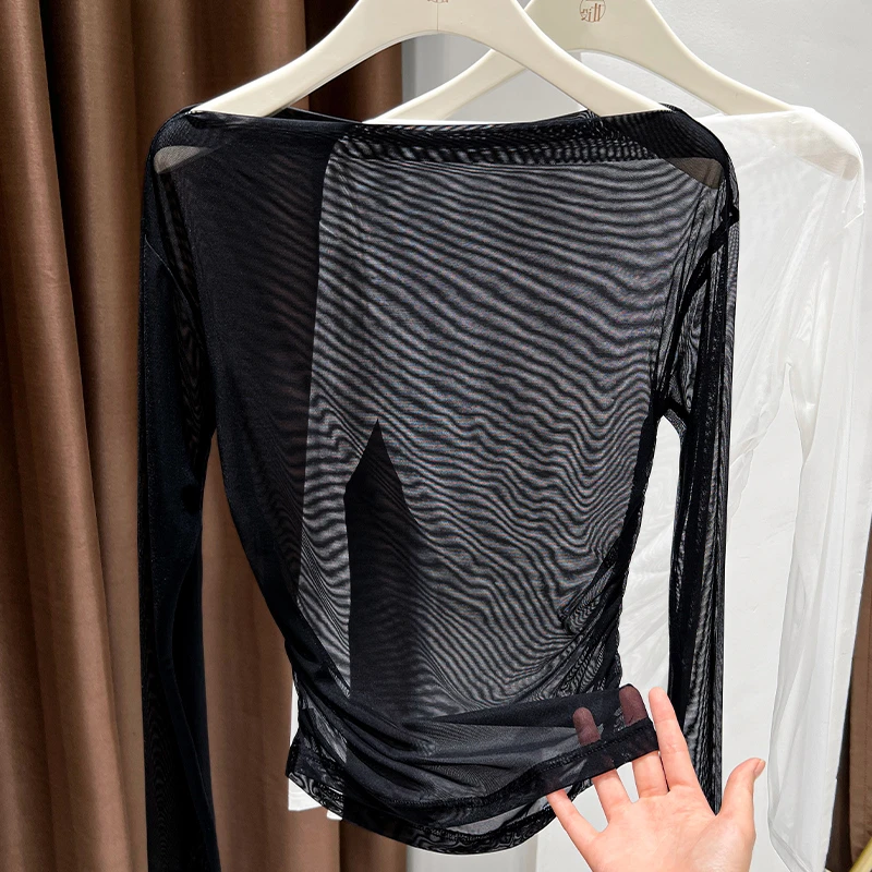 网纱一字领长袖内搭上衣女2025春季新款高级感纯色透视T恤打底衫