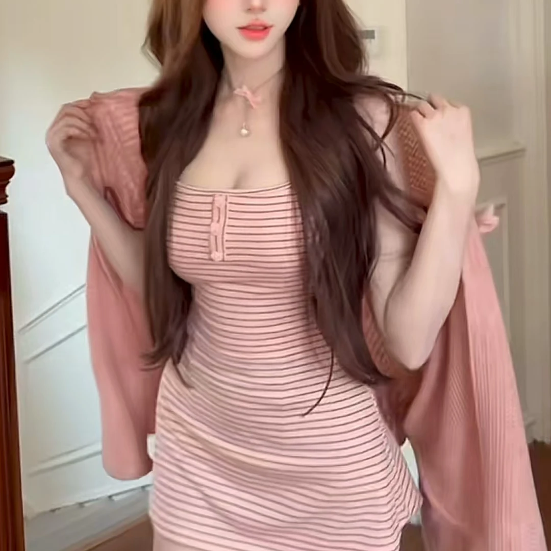 韩系秋季纯欲慵懒风条纹吊带显瘦连衣裙短裙针织开衫两件套装女