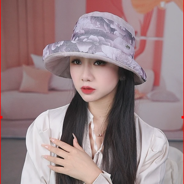 春夏腰条欧根沙花朵帽透气可折叠妈妈渔夫帽度假沙滩帽雪纺帽女