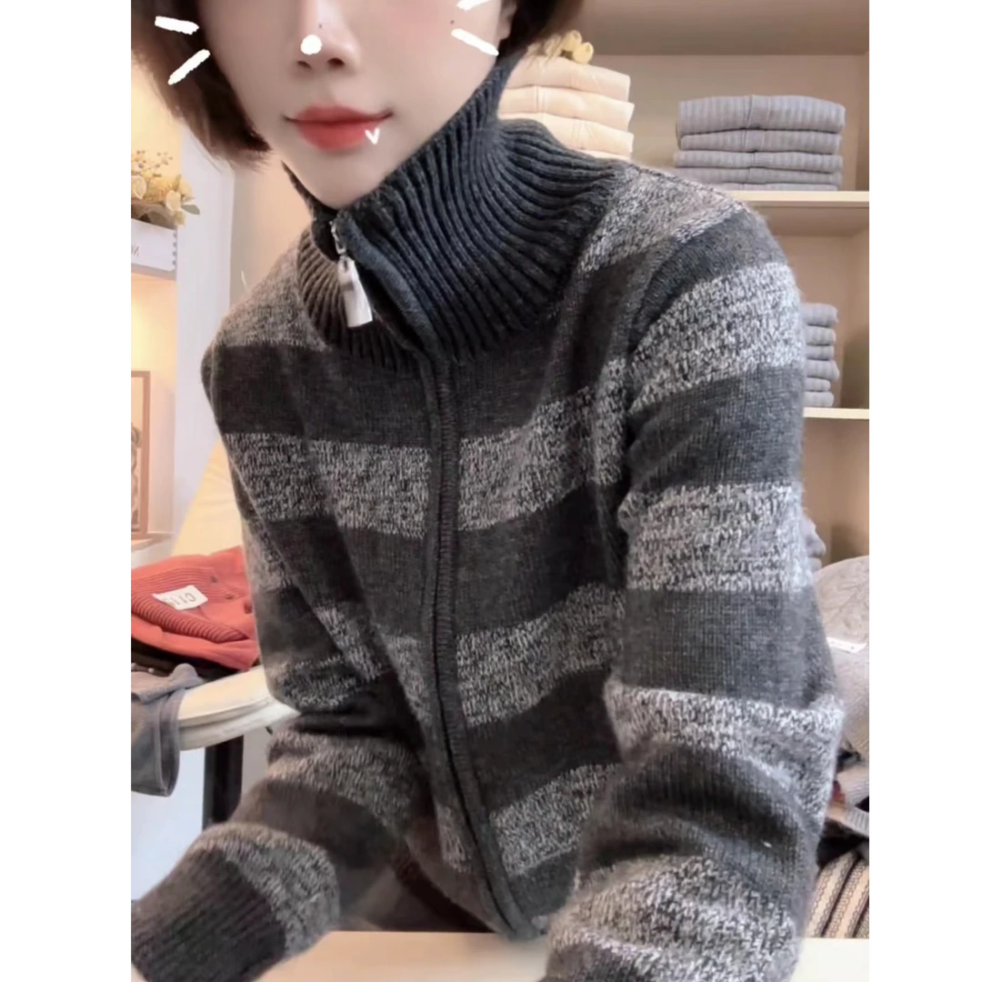 [编码A12]妮妮家2025秋新款厚宽松条纹外套长袖开衫针织韩版女