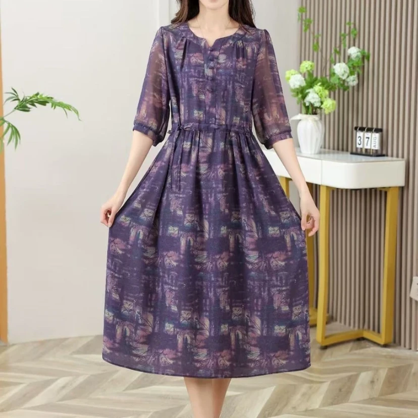 0983藤萝紫高端领透气夏季妈妈装连衣裙