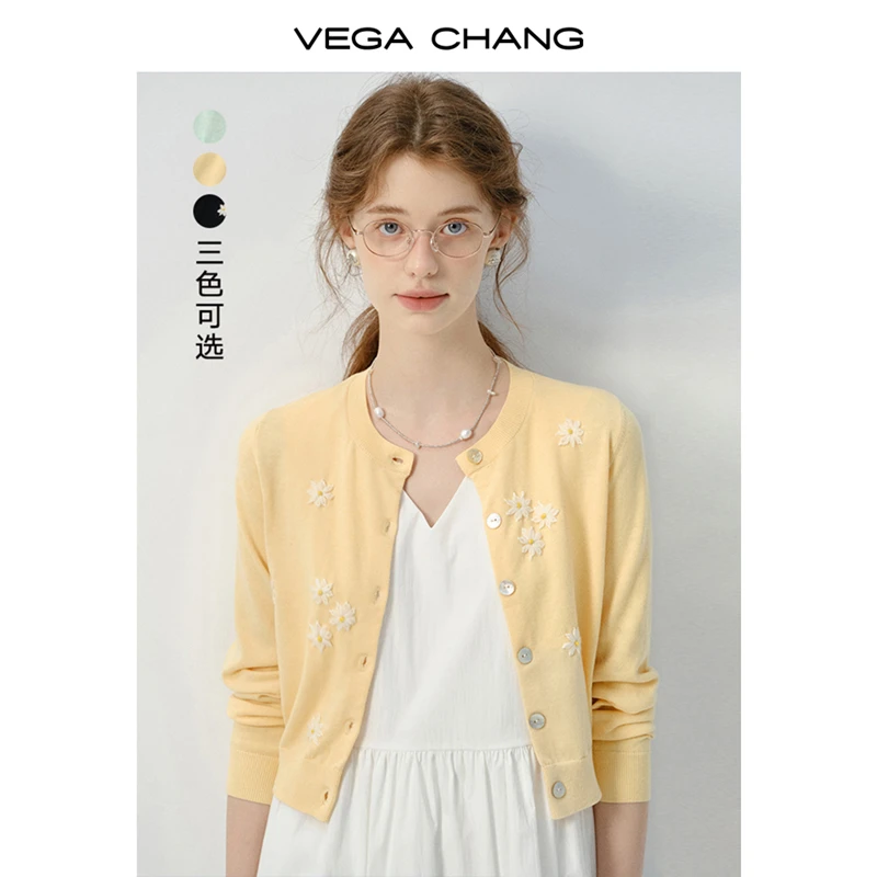 VEGA CHANG针织衫女长袖2025年春秋新款立体提花开衫上衣0487LW