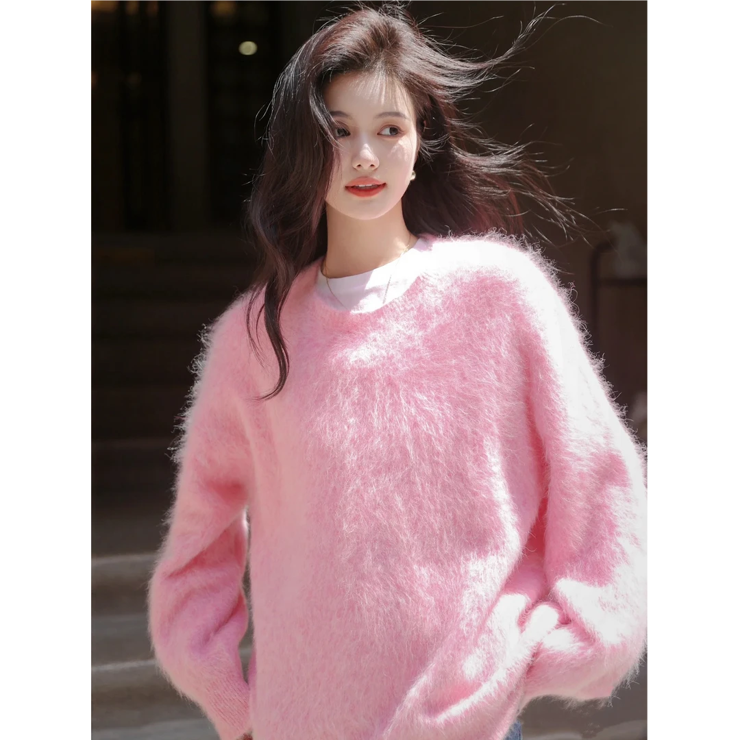 粉色水貂绒圆领超仙毛衣女秋冬加厚温柔软糯针织衫慵懒风欧货上衣