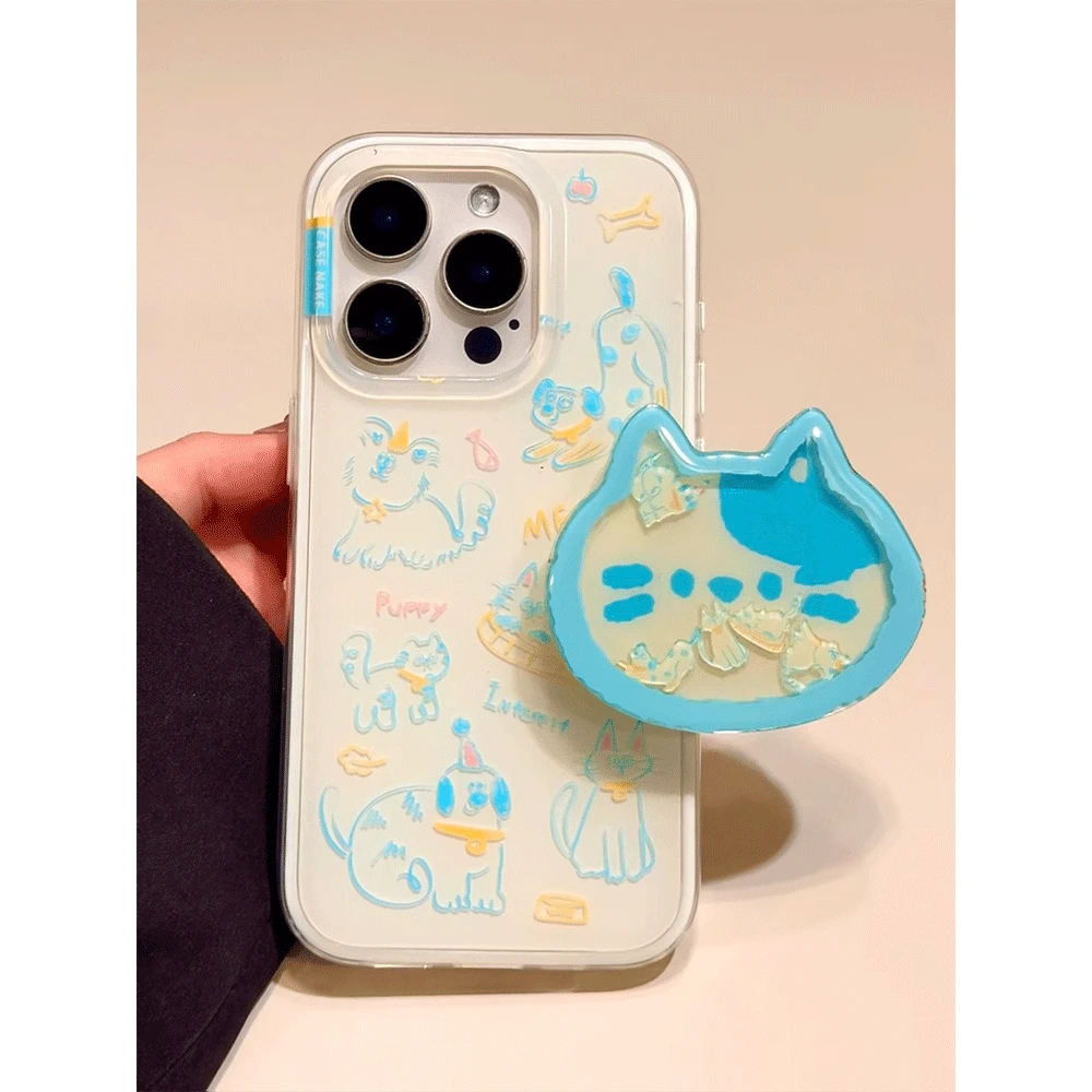 蓝黄线条猫适用苹果iphone小米15/14/13防摔vivo华为oppo手机壳女