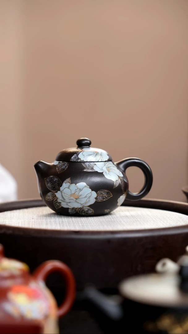 茶壶紫砂捂灰朱泥银牡丹文旦