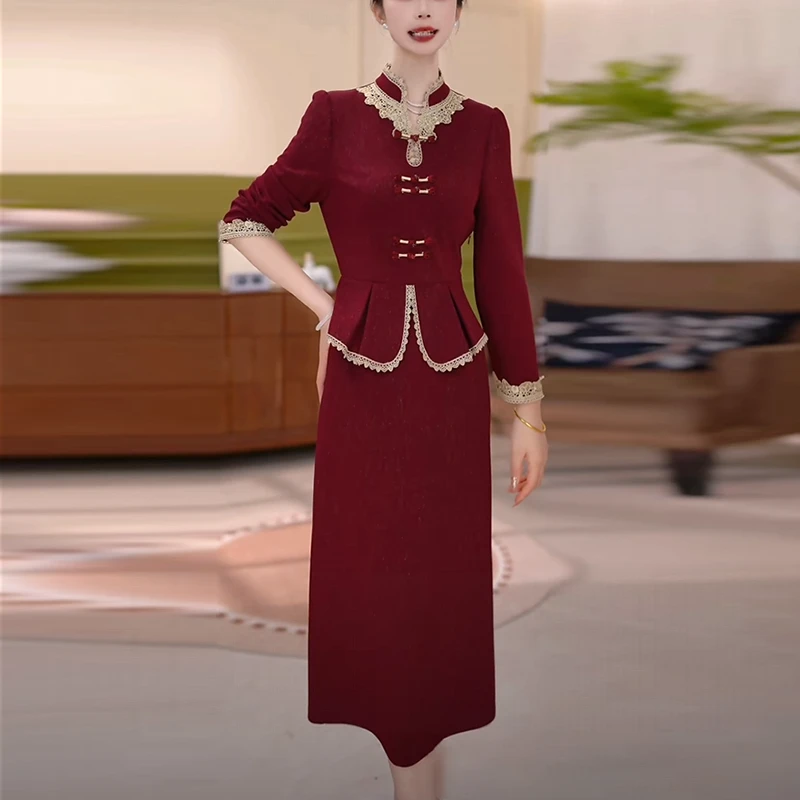 新中式红色婚宴礼裙2025秋季新款时尚假两件显瘦连衣裙子