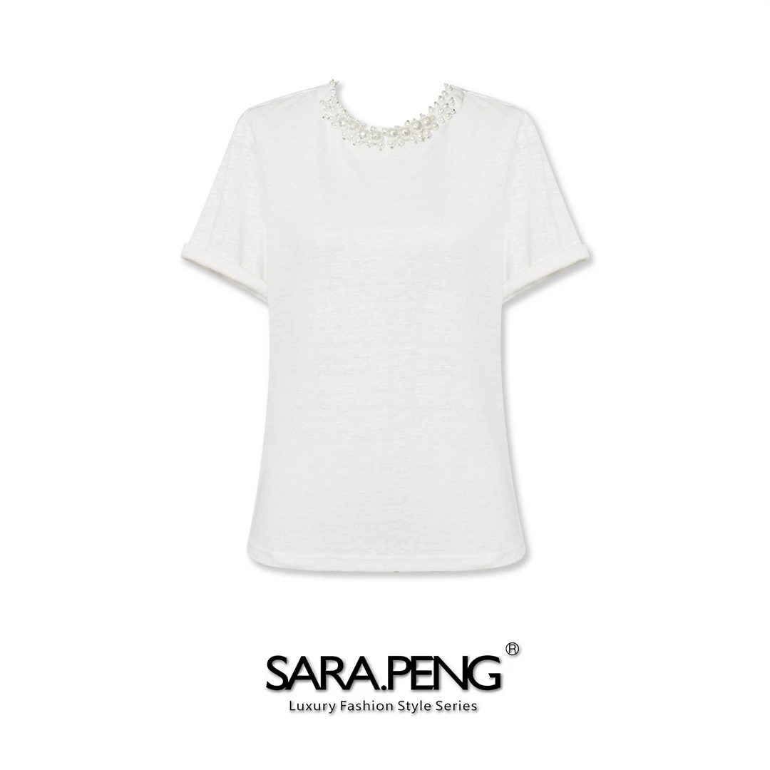 S.PENG轻曼|亚麻珠绣T恤|领口串珠|名媛内搭|凉感透气|抗皱免烫