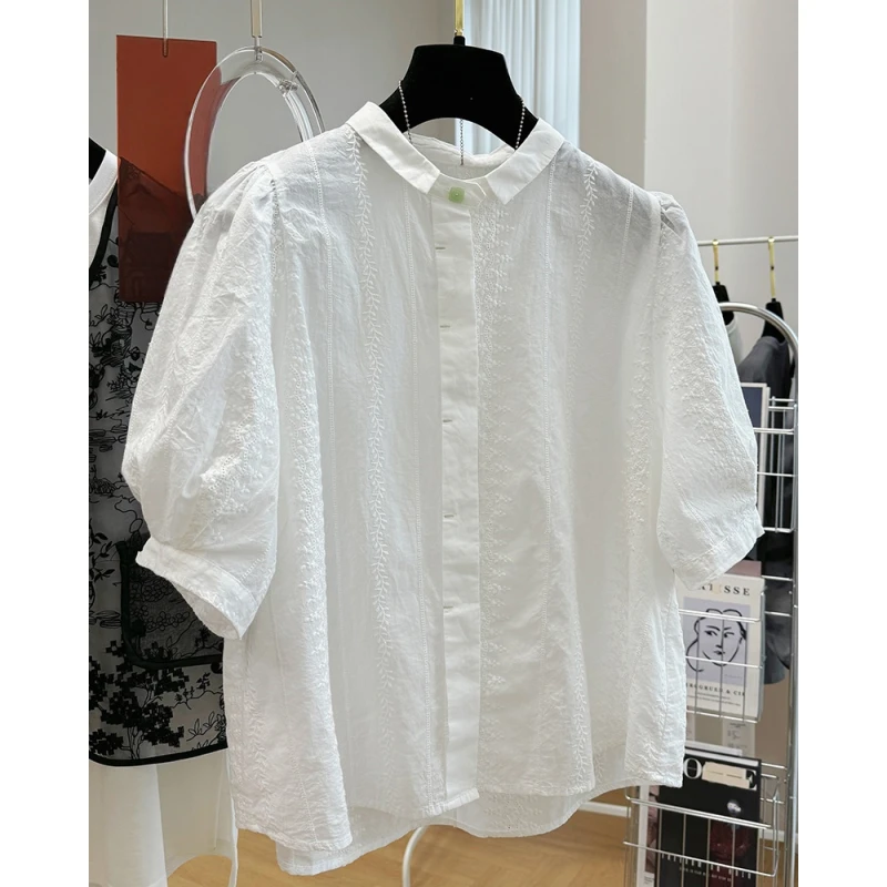 K0472高端别致刺绣镂空钩花绣花短袖衬衫女夏季法式上衣洋气小衫