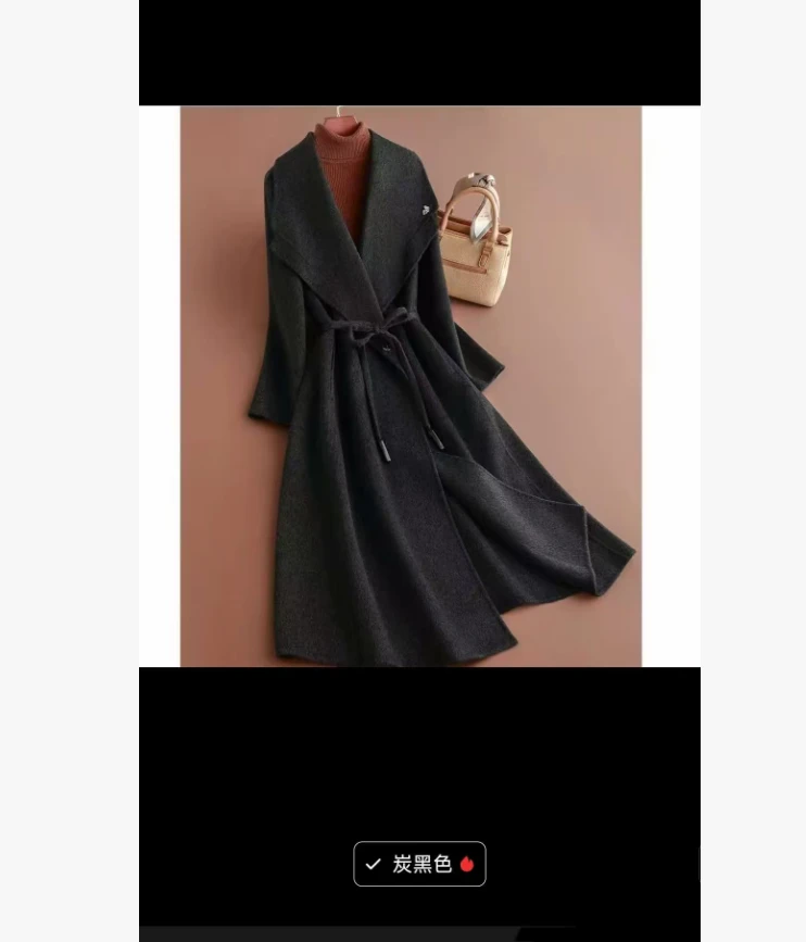 B秋冬新款高级感大翻领双面大衣女中长款修身显瘦毛呢外套6618