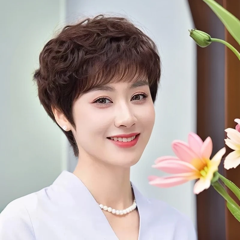 （入门款卷发）妈妈假发全真发纹理烫持久烫中老年遮白发真人假发