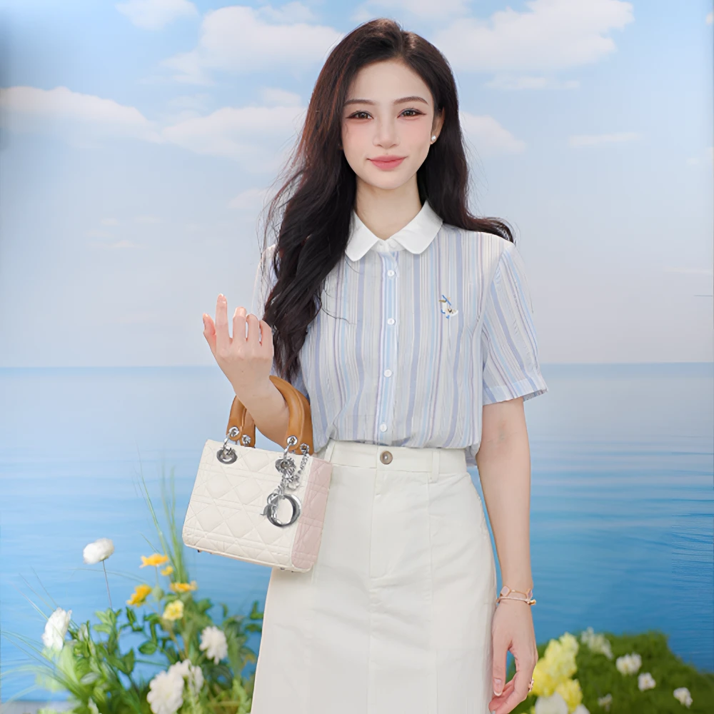 【一秒入夏】茵曼夏季文艺学院风条纹衬衣女撞色翻领绣花宽松衬衫