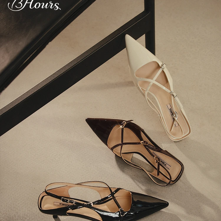 【达人】73hours女鞋Susie秋季新款尖头法式黑色经典通勤细带凉鞋