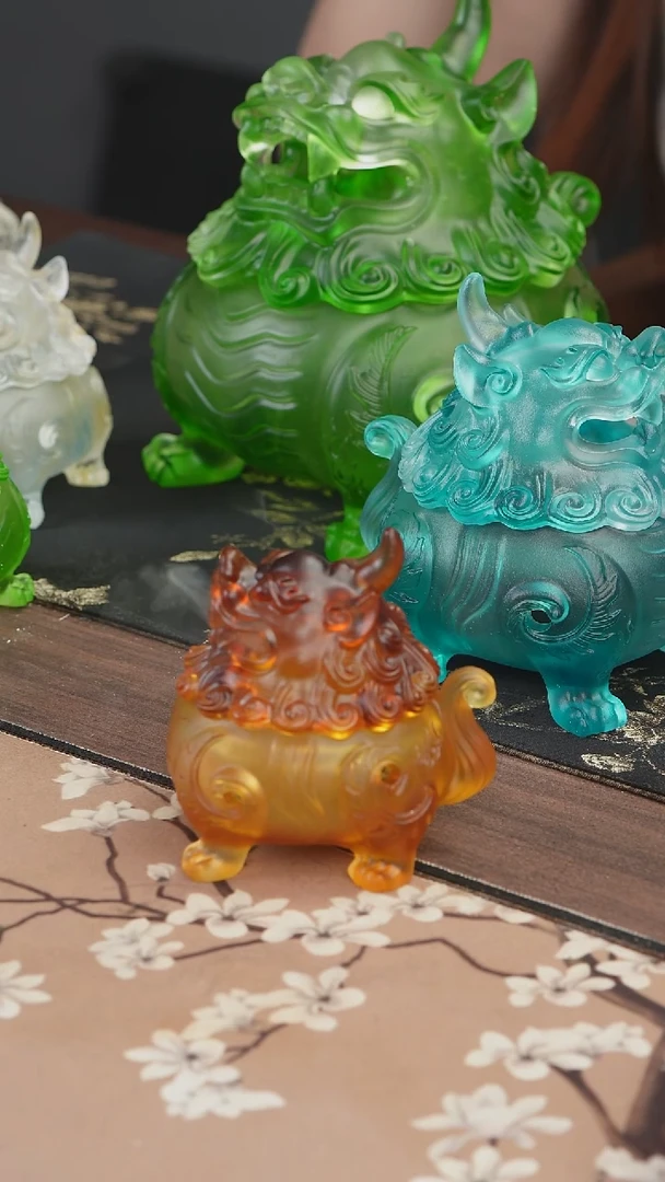手工艺品琉璃琥珀色狻猊香炉小号
