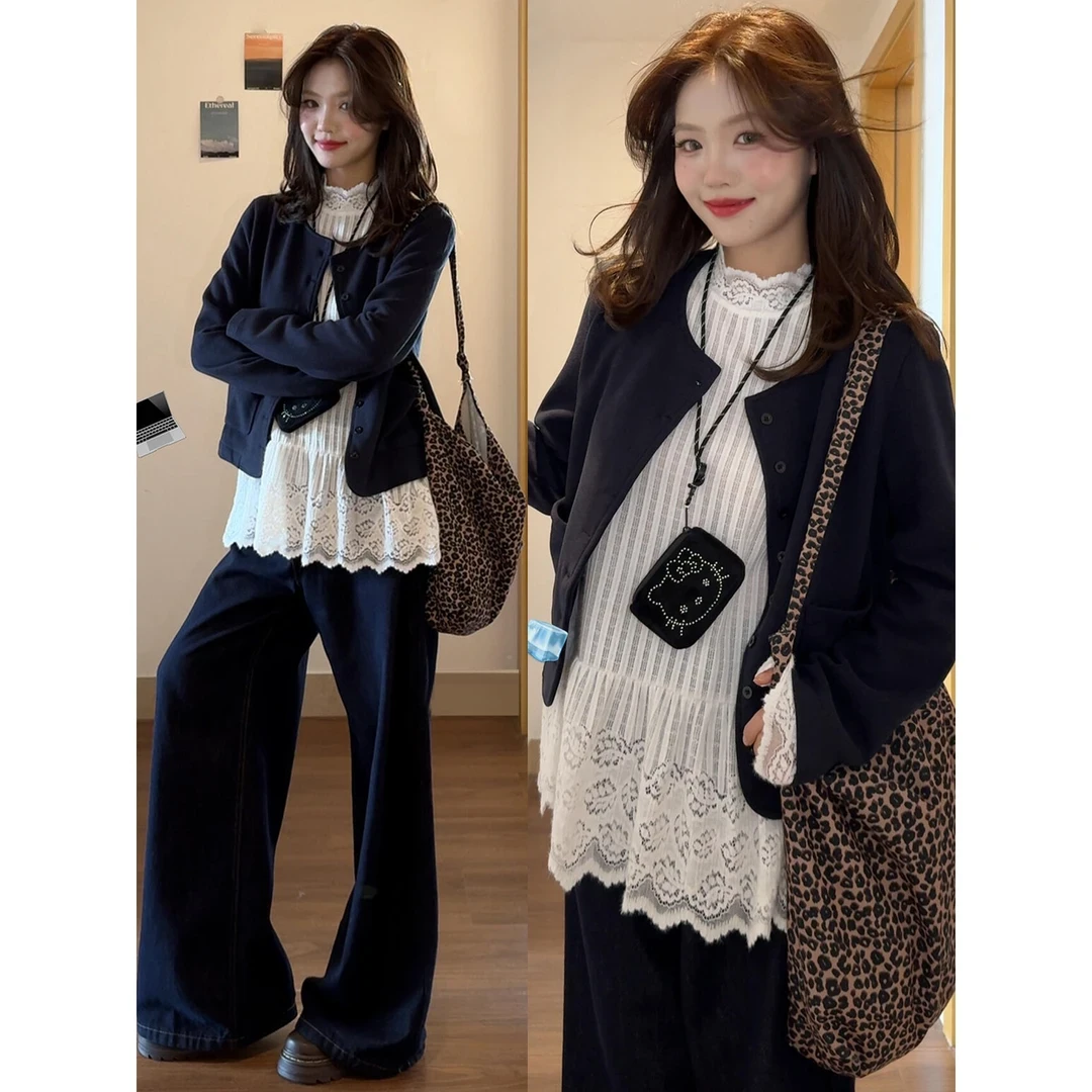 新款早秋季韩系穿搭小香风短款外套白色内搭上衣黑色阔腿裤三件套