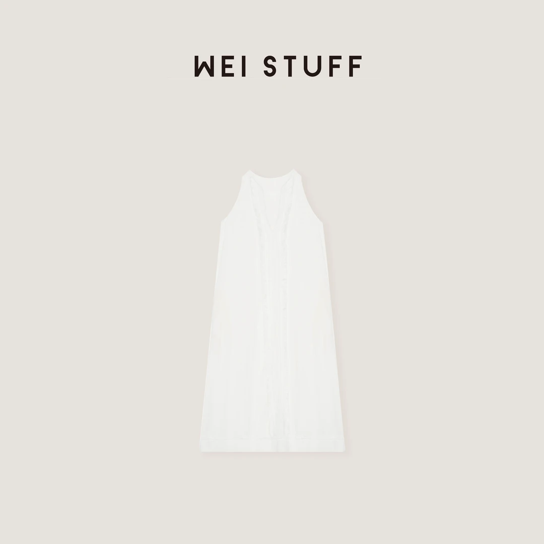 WEI STUFF  “山复尔尔”白色法式浪漫V领无袖重工拼接麻裙 6024 .