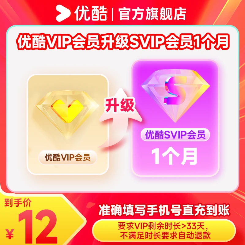 【VIP升级SVIP】VIP升级SVIP产品月/季/半年/年卡填写手机号升级