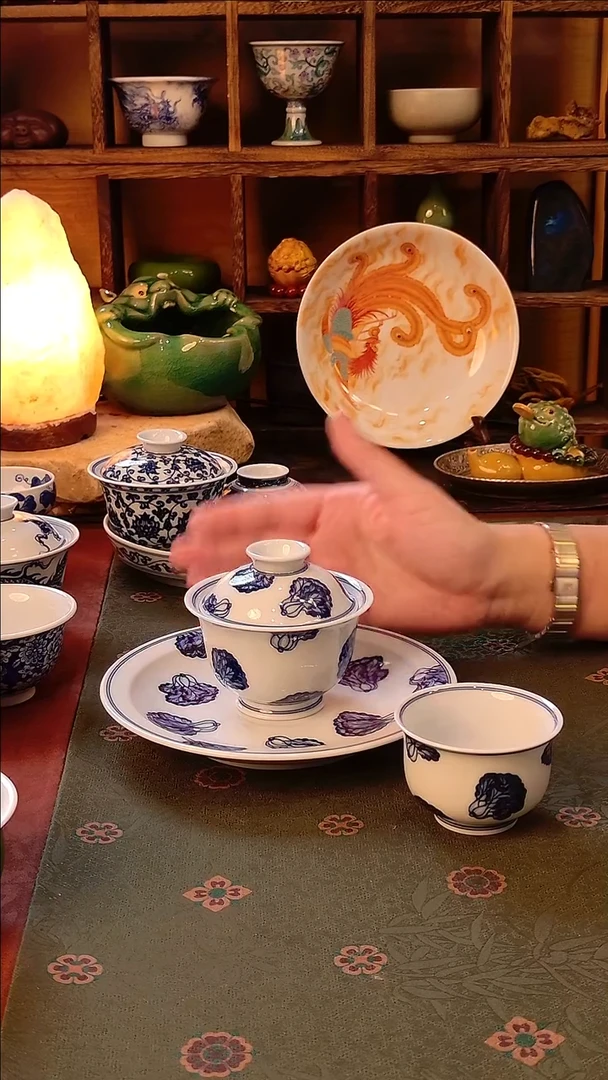 【手工手绘白菜青花盖碗+壶承+主人杯】