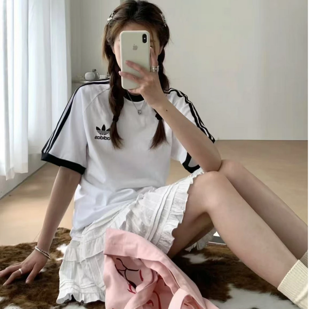 adidas三叶草欧若风舒适简约套头圆领运动修身短袖KB2460 KB2459