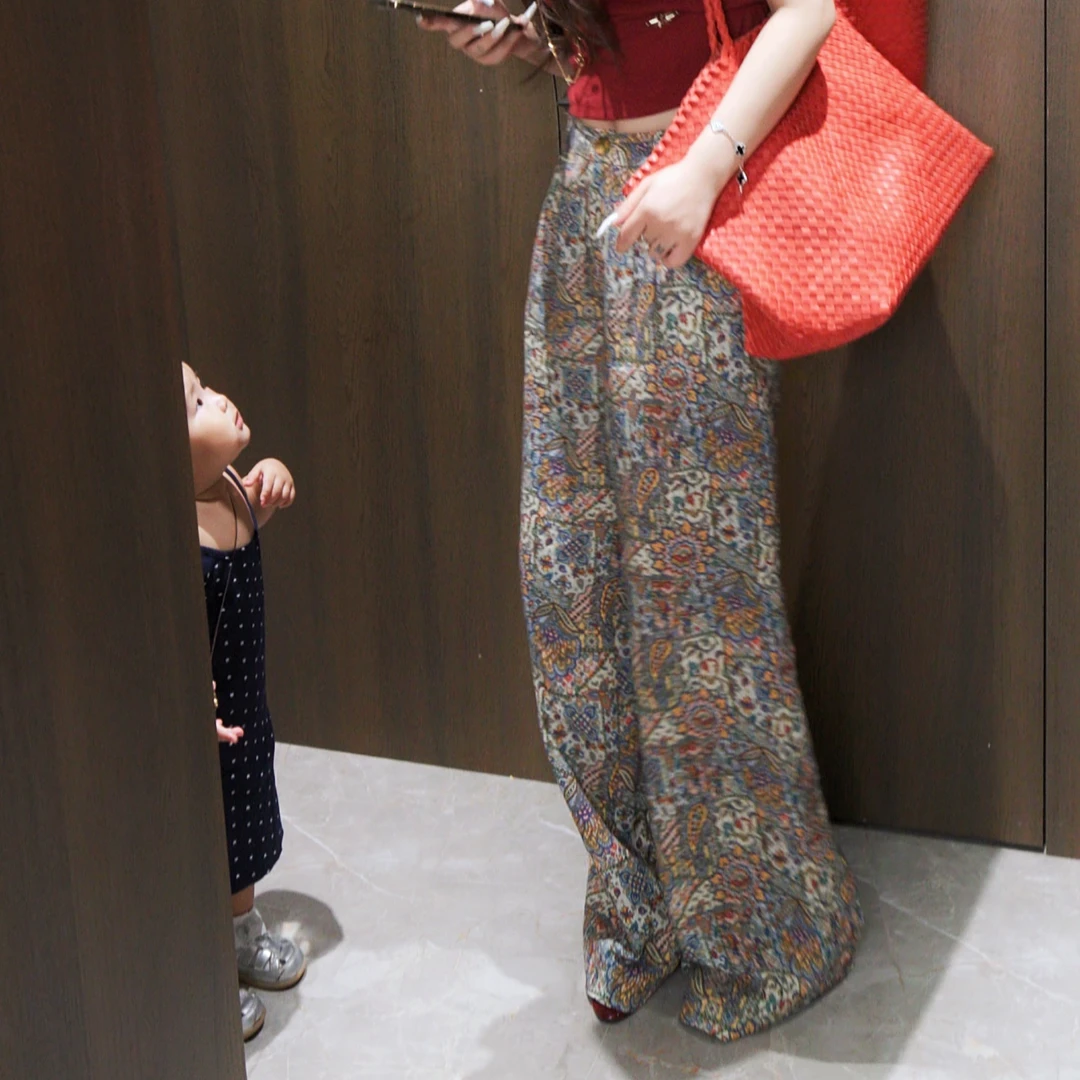 G. yantong/郭彦彤复古麻感印花休闲阔腿裤碎花减龄显瘦KZL40