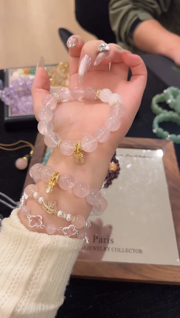 未镶嵌手链水晶13mm粉晶拼接白幽灵设计款手串