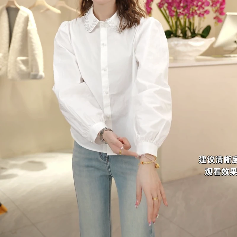 2025早春新款珠珠翻领泡泡袖简约时尚百搭衬衫上衣LK2501212