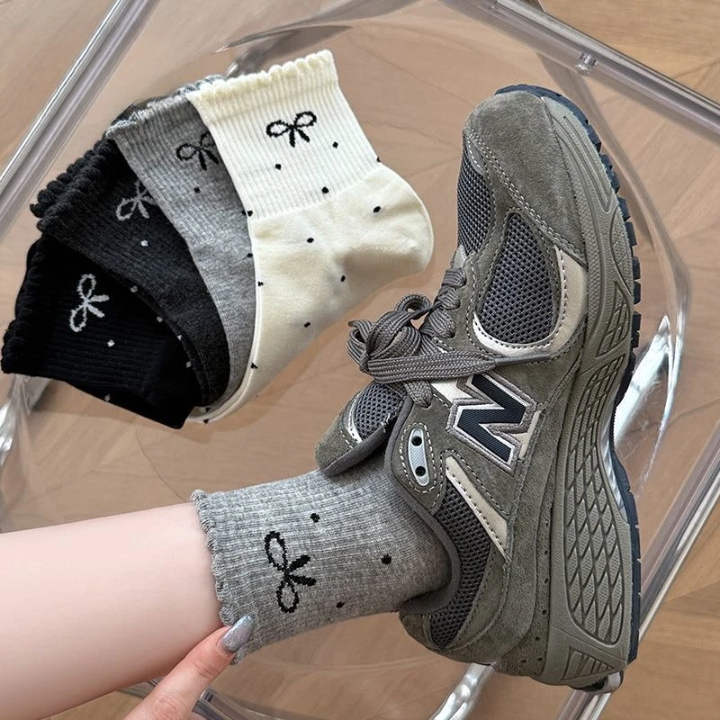 蝴蝶结袜子女纯棉100%全棉防臭夏季薄款波点花边百搭甜美透气棉袜