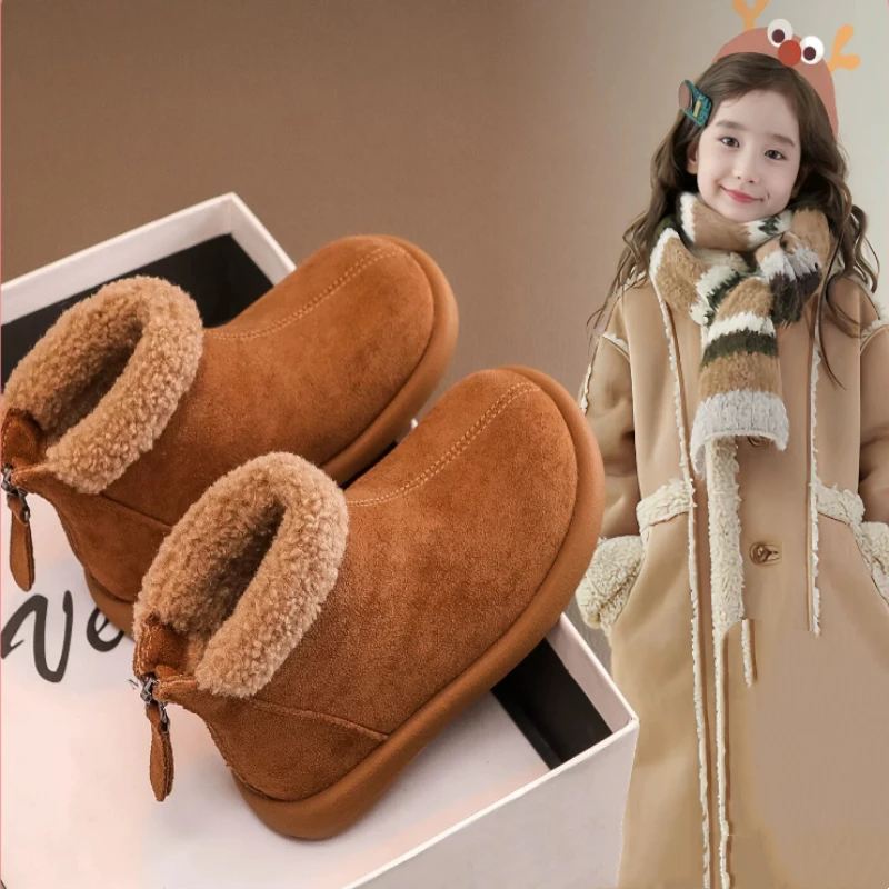 翻边平底男女通用男圆头女棉鞋男童大棉冬季加绒复古儿童雪地棉