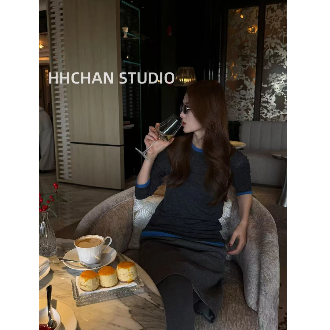 HH.CHAN“巧思撞色”绵羊毛撞色款经典百搭软糯亲肤长T恤HH55D41125