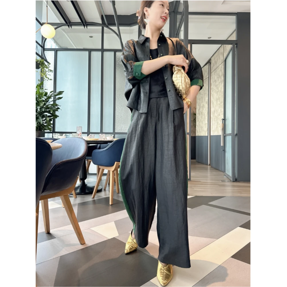 【老罗家】原创香云纱直筒裤女复古拼色显高显瘦老料龟裂纹阔腿裤