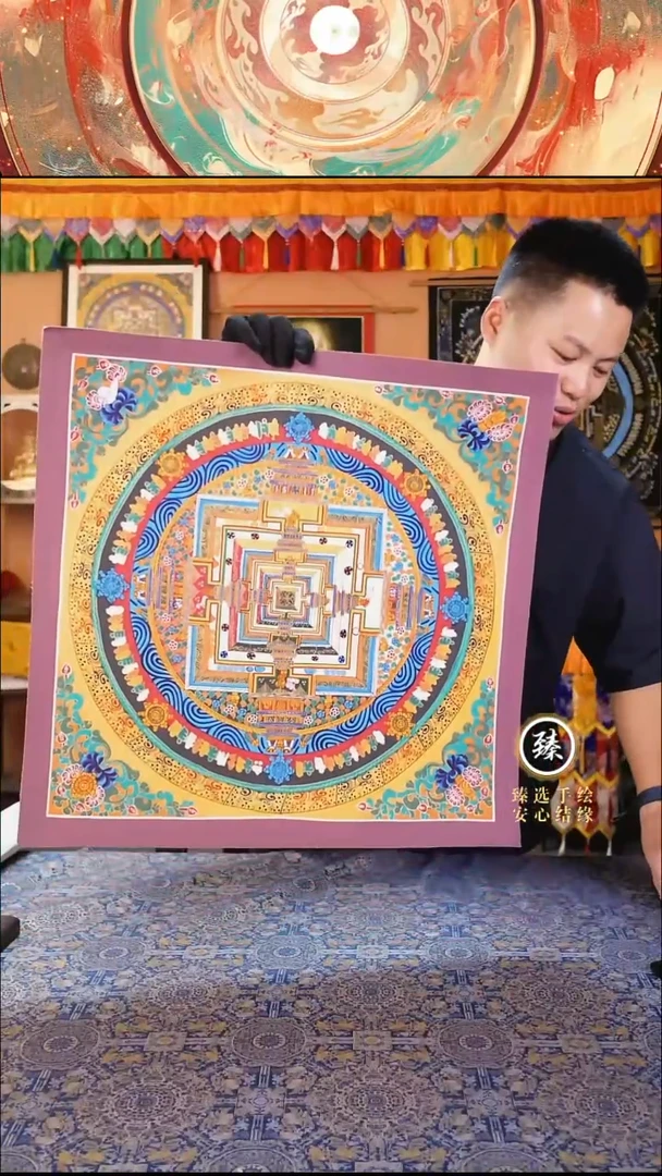 卷轴画纯手绘唐卡彩色时轮金刚坛城50*50画芯