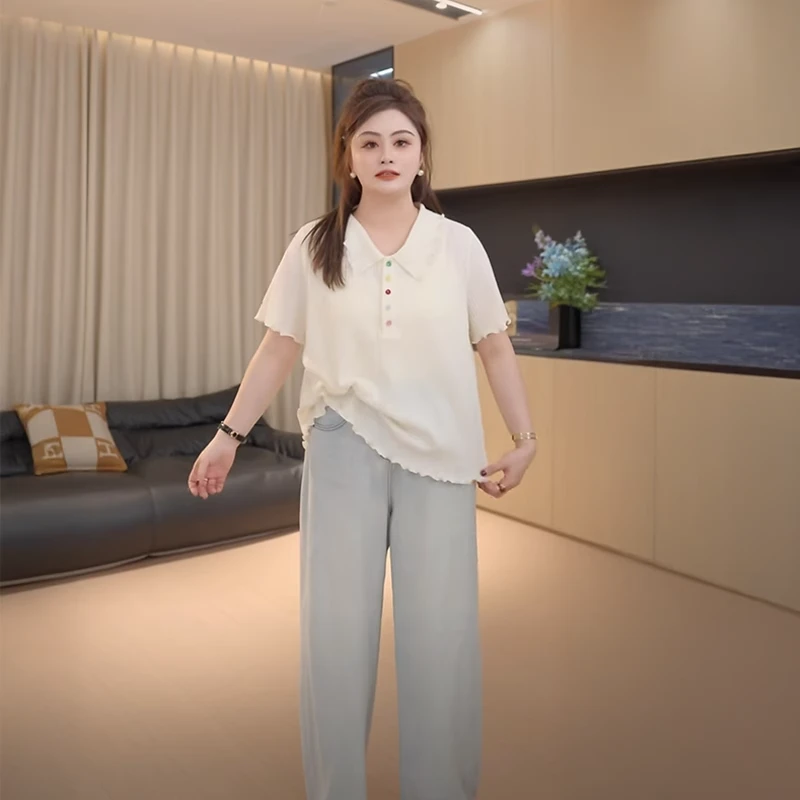 胖佳大码女装翻领正肩冰丝针织上衣女夏新款胖mm百搭遮肉短袖T恤
