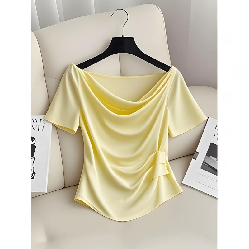 法式黄色一字肩荡领T恤女短袖高级感2025夏季新款短款掐收腰上衣