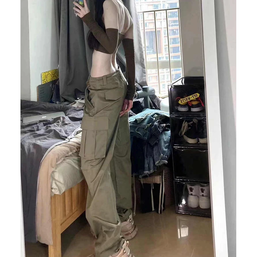 CaKm美式复古抽绳工装裤子女夏潮ins高腰设计感小众阔腿裤QAM521