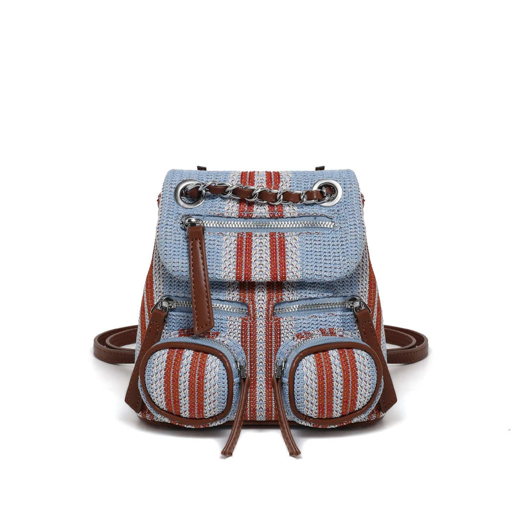 小众时尚百搭休闲蓝色撞色洋气条纹双肩背包