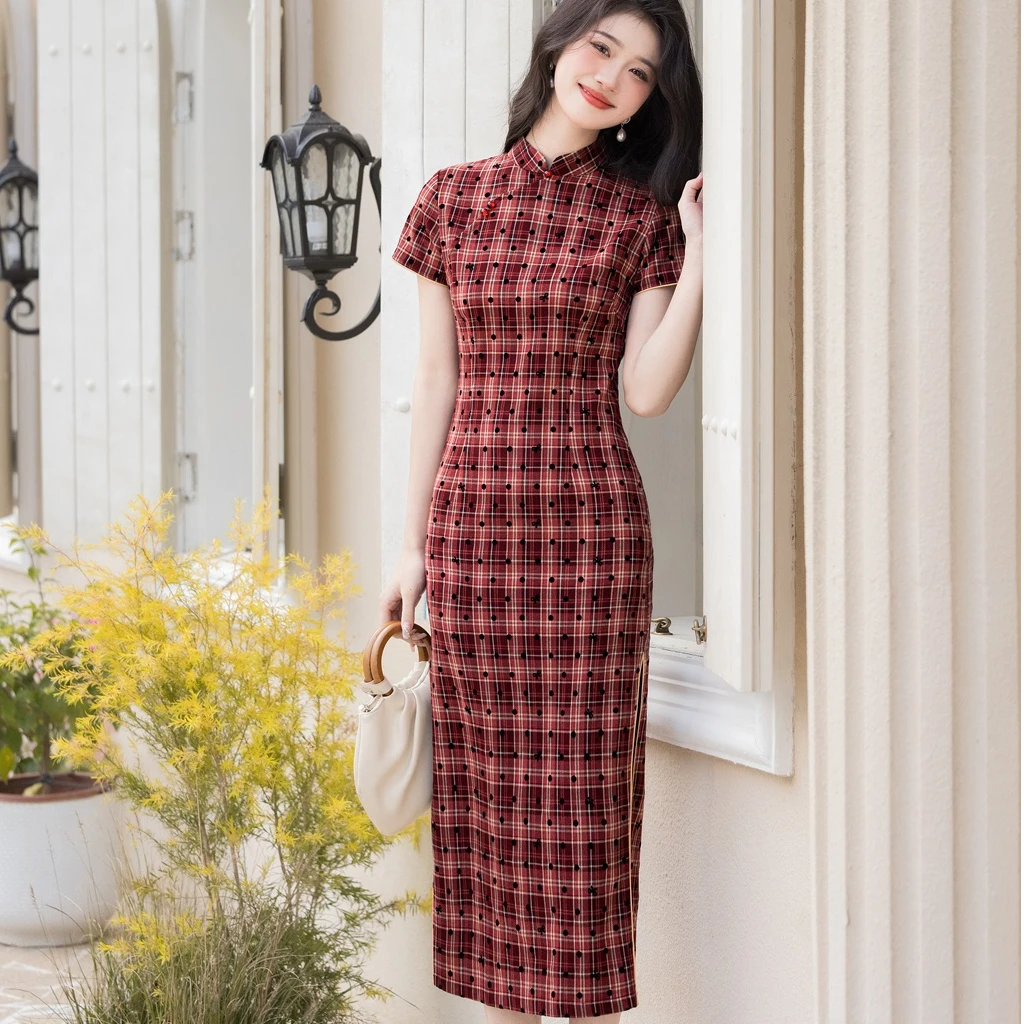 【风清余】2025春款新出炉TR植绒波点气质复古中式修身日常中式旗袍