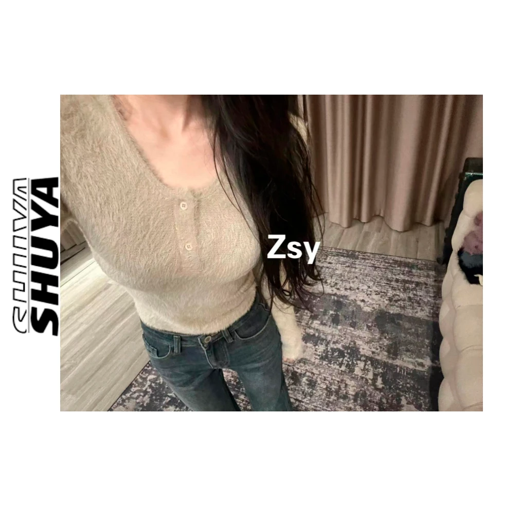 【张舒雅】，软软布丁 纯欲软糯百搭扣子毛茸茸上衣DY#89700