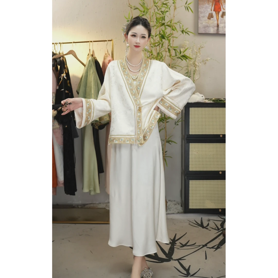 夏维莲2025春季新款优雅休闲米白上衣和吊带裙（2506+2544）